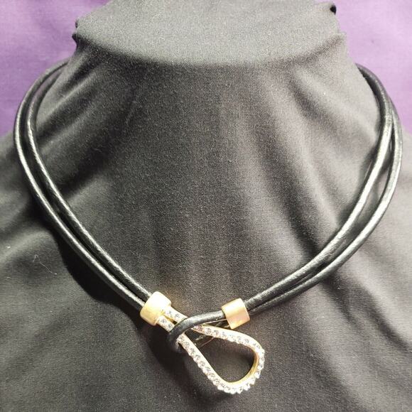 Unique Necklace Interlocking Front Rhinestone Toggle Accent Gold Tone Black Cord - Picture 2 of 9